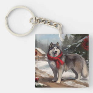 Porte-clés Chien Malamute d'Alaska dans la neige de Noël