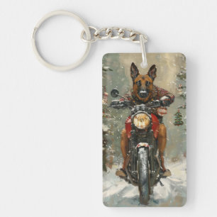 Porte-clés Chien Malinois Belge à Vélo de Noël Moto