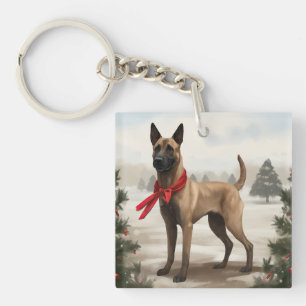 Porte-clés Chien Malinois Belge dans la neige de Noël