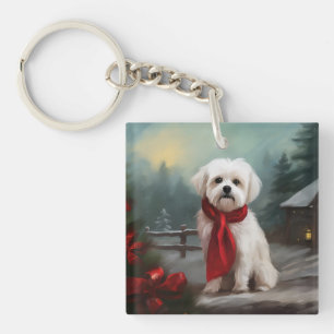 Porte-clés Chien maltais dans la neige de Noël