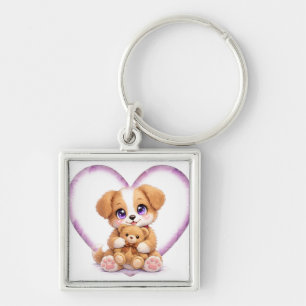 Porte-clés Chien Mignon Tenant un Ours en Peluche