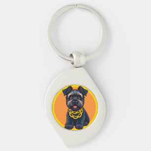 Porte-clés Chien noir de dessin animé adorable portant une ch