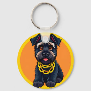 Porte-clés Chien noir de dessin animé adorable portant une ch