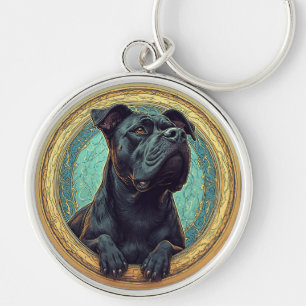 Porte-clés Chien noir encadré par un dessin artistique orné