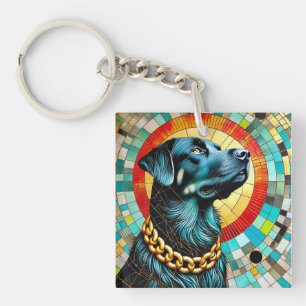 Porte-clés Chien Noir sur Fond de Vitrail