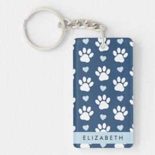 Porte-clés Chien Paws, White Paws, Blue Hearts, Votre Nom