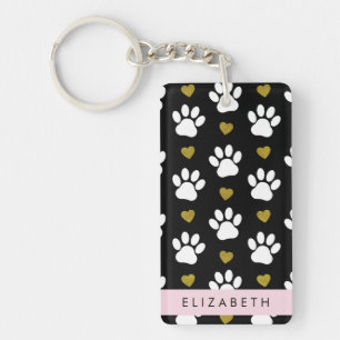 Porte-clés Chien Paws, White Paws, Gold Hearts, Votre Nom