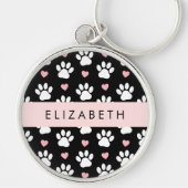 Porte-clés Chien Paws, White Paws, Rose Hearts, Votre Nom (Devant)