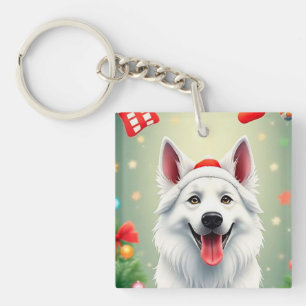 Porte-clés Chien posant parmi les décorations de Noël festive
