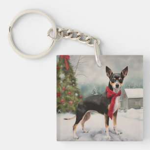 Porte-clés Chien Rat Terrier dans la neige de Noël
