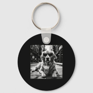 Porte-clés Chien Retriever Doré Buvant du Café au Lait Glacé