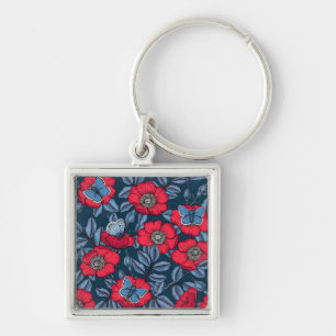 Porte-clés Chien rose et papillons en bleu et rouge