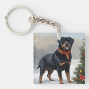 Porte-clés Chien Rottweiler dans la neige de Noël