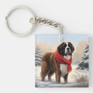 Porte-clés Chien Saint-Bernard dans la neige de Noël