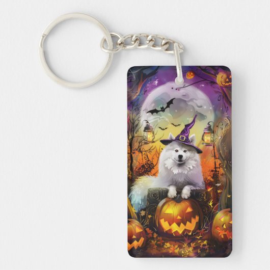 Porte-clés Chien Samoyède Effrayant Sorcière d'Halloween et C (Devant)