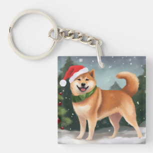 Porte-clés Chien Shiba Inu dans la neige de Noël