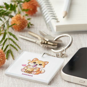 Porte-clés Chien Shiba Inu mignon buvant du thé aux bulles Aj