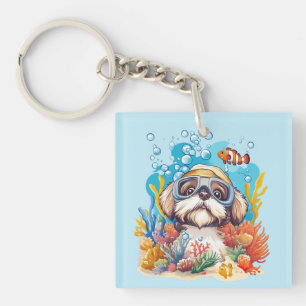 Porte-clés Chien Shih Tzu en snorkeling dans un récif de cora