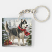 Porte-clés Chien sibérien Husky à Noël de neige (Dos)