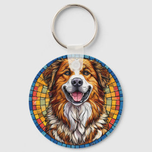 Porte-clés Chien souriant sur fond mosaïque