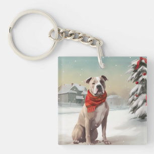 Porte-clés Chien Staffordshire américain dans la neige de Noë