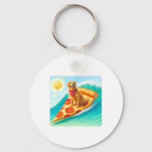 Porte-clés Chien surfe sur une tranche de pizza. Chien joyeux