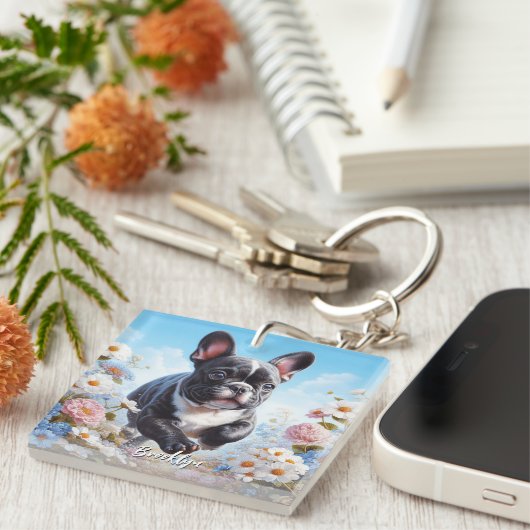Porte-clés Chien-taureaux et fleurs français noir et blanc (Devant Droit)