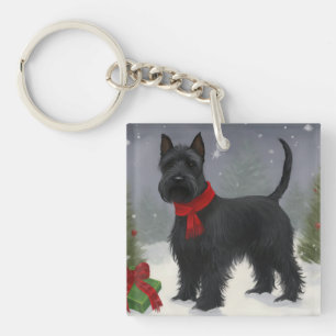 Porte-clés Chien Terrier Écossais dans la neige de Noël