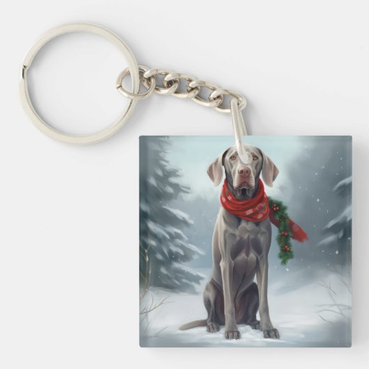 Porte-clés Chien Weimaraner à Noël de neige (Devant)