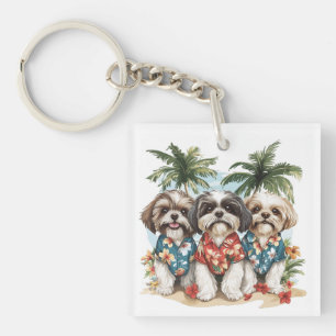 Porte-clés Chiens Shih Tzu portant des chemises hawaïennes
