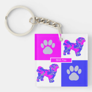 Porte-clés Chih Tzu Silhouette Chien & Paw Rose et Carré bleu