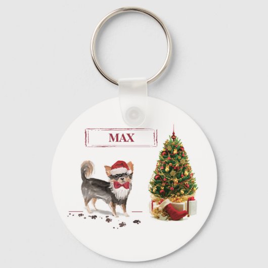 Porte-clés Chihuahua à poil long arbre de Noël drôle (Recto)