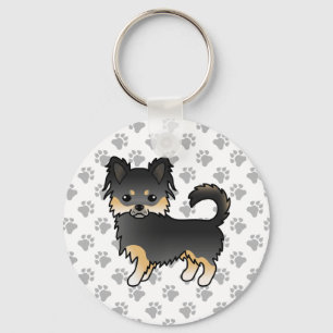 Porte-clés Chihuahua à poil long noir et feu, joli chien et p