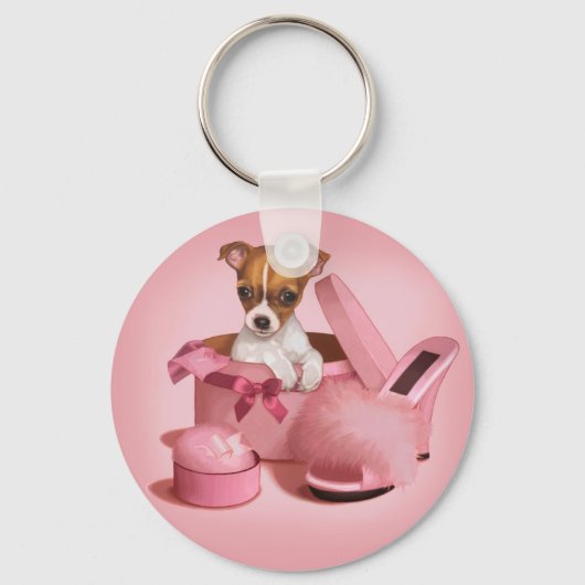 Porte-clés Chihuahua Chippie mignonne dans Hatbox (Recto)