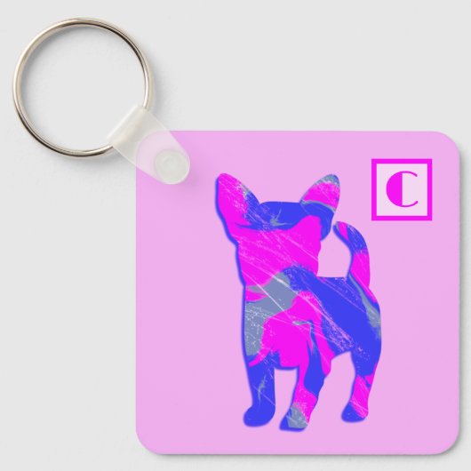 Porte-clés Chihuahua Cute Dog Pink & Blue Silhouette Monogram (Recto)
