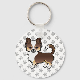 Porte-clés Chihuahua tricolore à poil long et pattes au choco