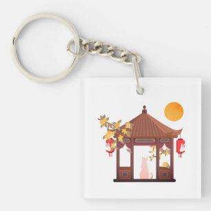 Porte-clés Chine Mi-Automne Lune - Chat dans Pavil traditionn