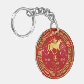 Porte-clés Chinois Zodiac Horse Rouge/Or ID542 (Devant gauche)