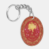Porte-clés Chinois Zodiac Ox Rouge/Or ID542 (Devant gauche)