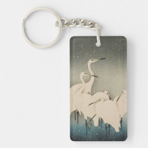 Porte-clés Chinoiserie Aigrette Blanche Motif Neige d'Hiver