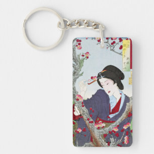 Porte-clés Chinoiserie Dame japonaise et fleur de cerisier ro