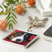 Porte-clés Chiot de Corgi en roses rouges (Côté)