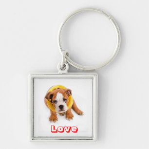 Porte-clés Chiots Bouledogue Anglais Amour en Collier Pendent