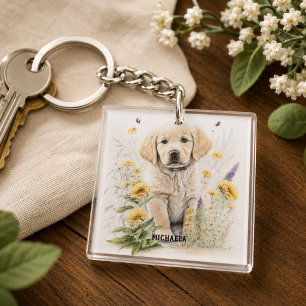 Porte-clés Chiots Golden Retriever personnalisés et fleurs