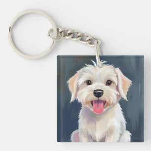 Porte-clés Chiots Maltais Peinture de Chien Blanc
