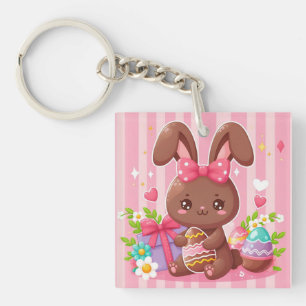 Porte-clés Chocolat mignon lapin de Pâques avec rayures roses