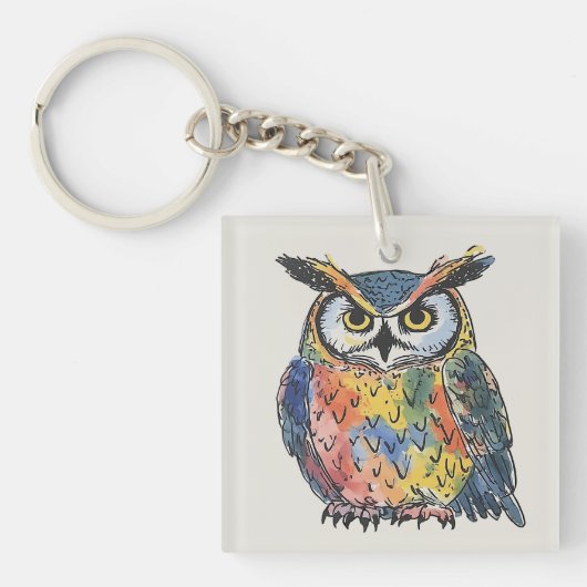 Porte-clés Chouette aquarelle colorée (Devant)