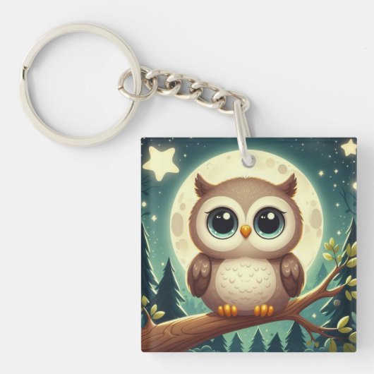 Porte-clés Chouette bébé la nuit avec lune (Devant)