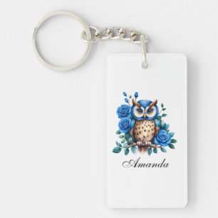 Porte-clés Chouette bleu aquarelle et Rose
