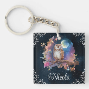 Porte-clés Chouette de fantaisie céleste à l'aquarelle vintag